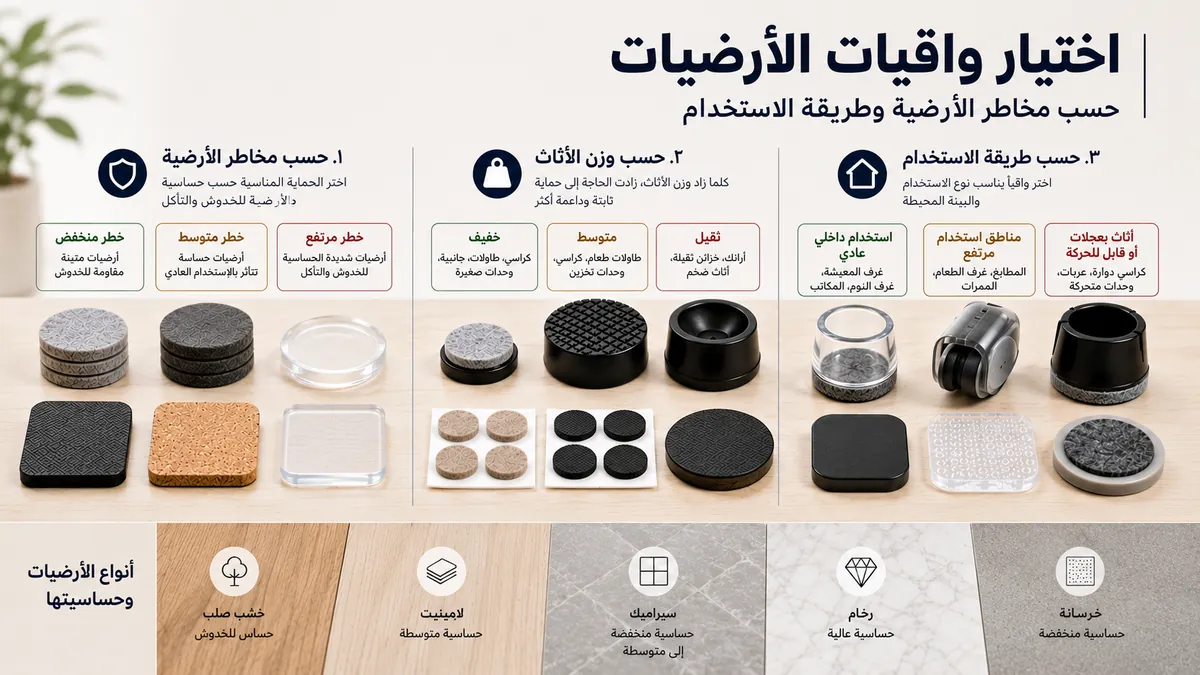 خيارات واقيات الأرضيات للأثاث مجمعة حسب مخاطر الأرضية ووزن الأثاث وطريقة الاستخدام.