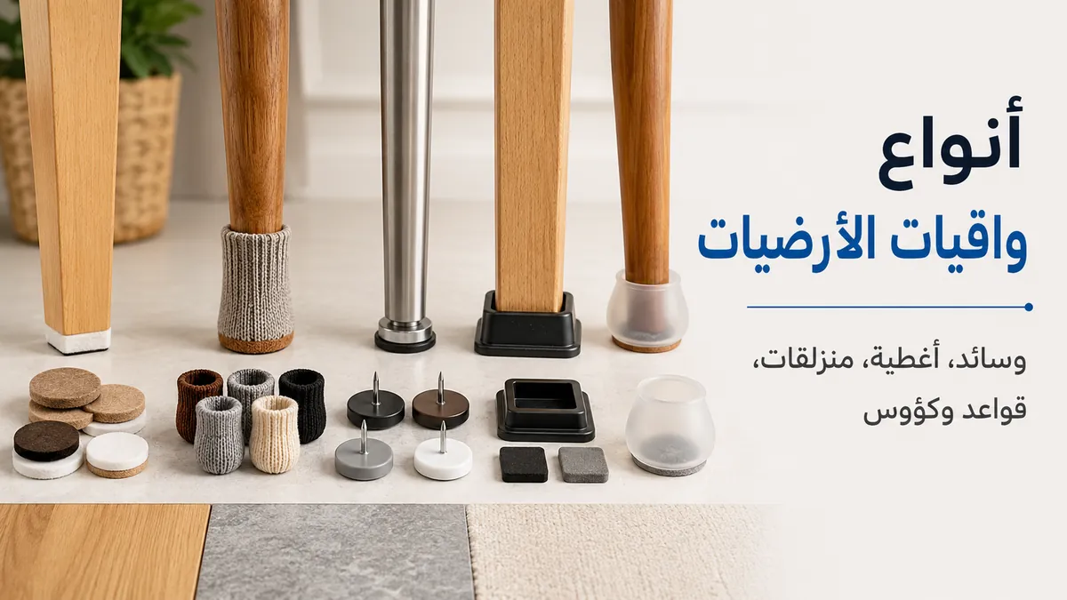 أنواع مختلفة من واقيات الأرضيات للأثاث تشمل وسائد وأغطية ومنزلقات وقواعد وكؤوس.