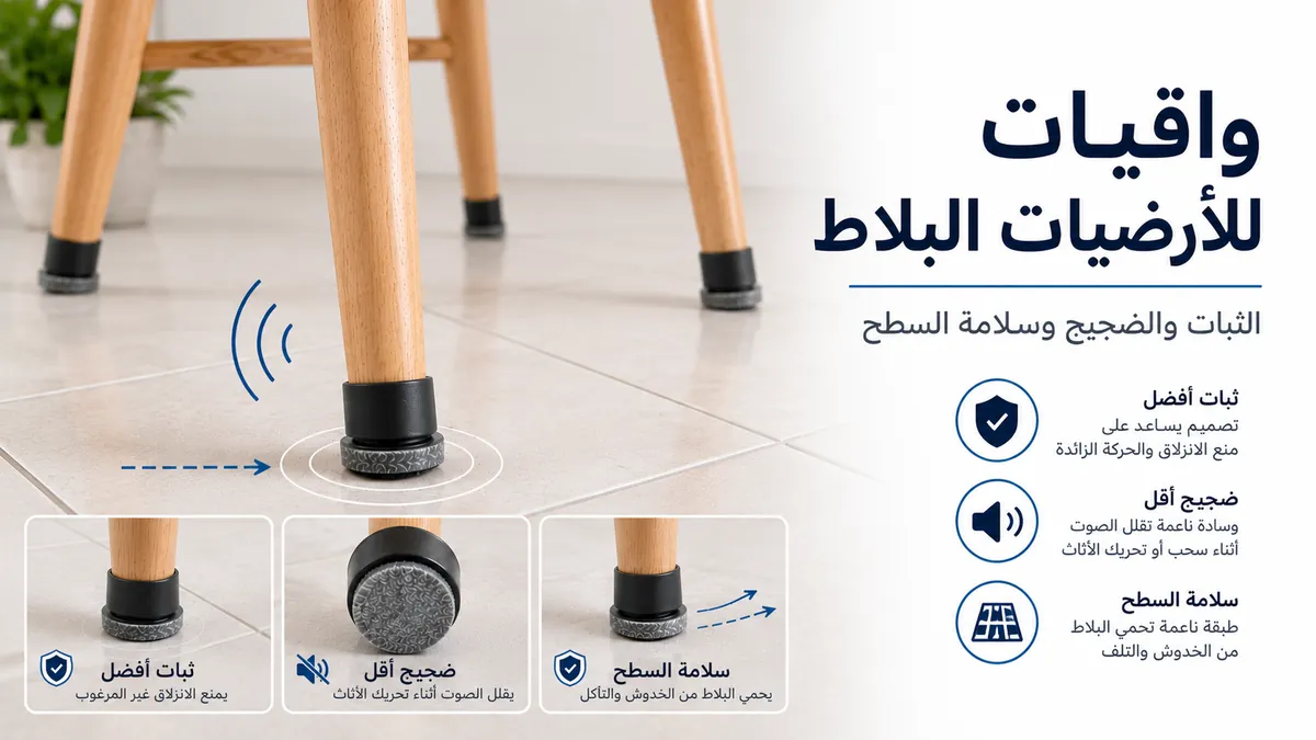 واقيات أرضيات تحت أرجل كرسي على أرضية بلاط مع إبراز الثبات وتقليل الضجيج.