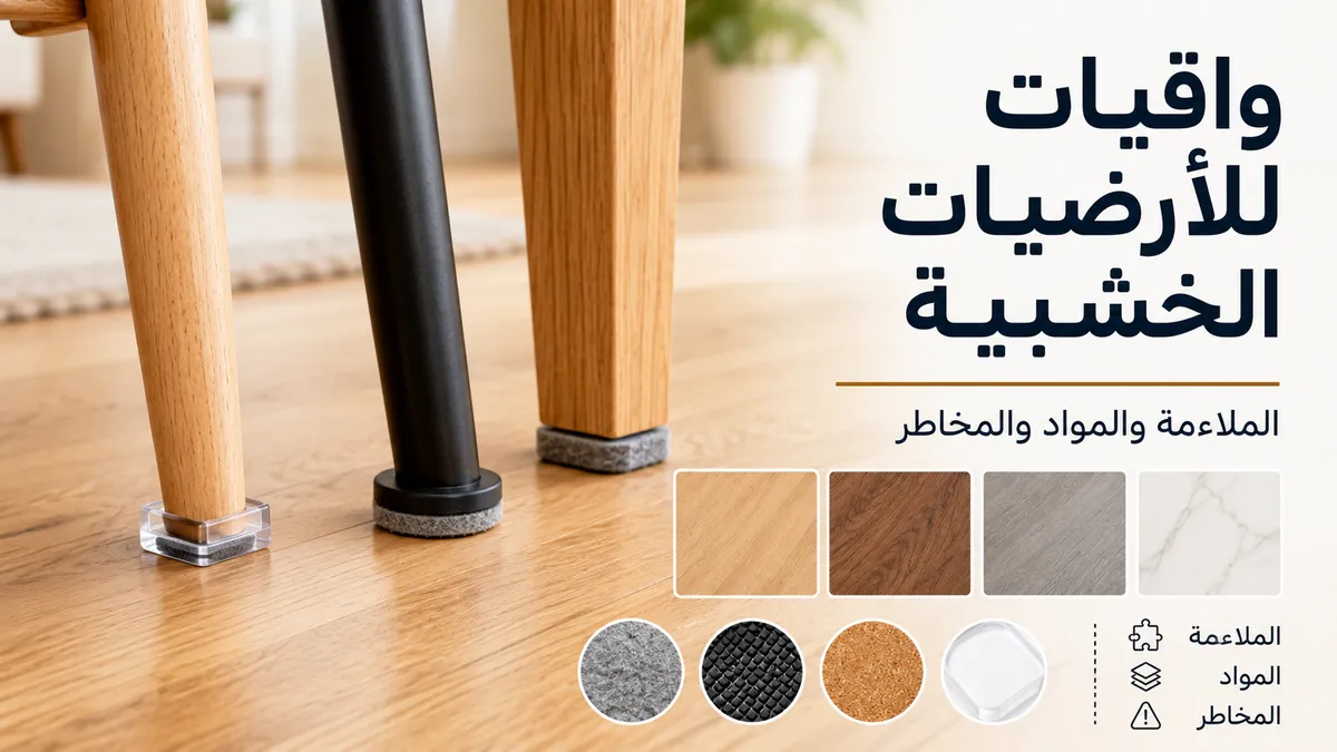 واقيات أرضيات للأثاث مثبتة تحت أرجل الأثاث على سطح أرضية خشبية.