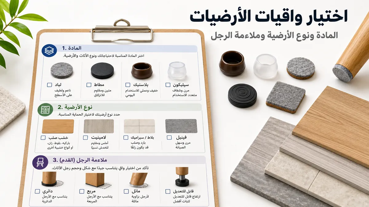 قائمة اختيار واقيات الأرضيات للأثاث حسب المادة ونوع الأرضية وملاءمة رجل الأثاث.