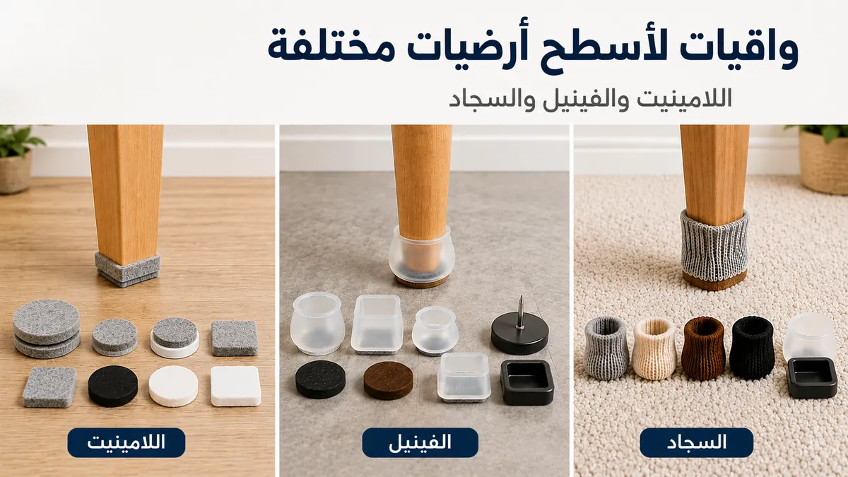 واقيات أرضيات للأثاث معروضة على أسطح من اللامينيت والفينيل والسجاد.