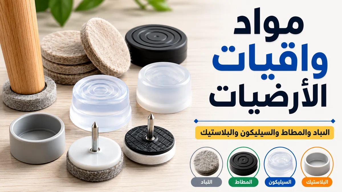 لقطة قريبة لواقيات أرضيات للأثاث مصنوعة من اللباد والمطاط والسيليكون والبلاستيك ونماذج منزلقة.
