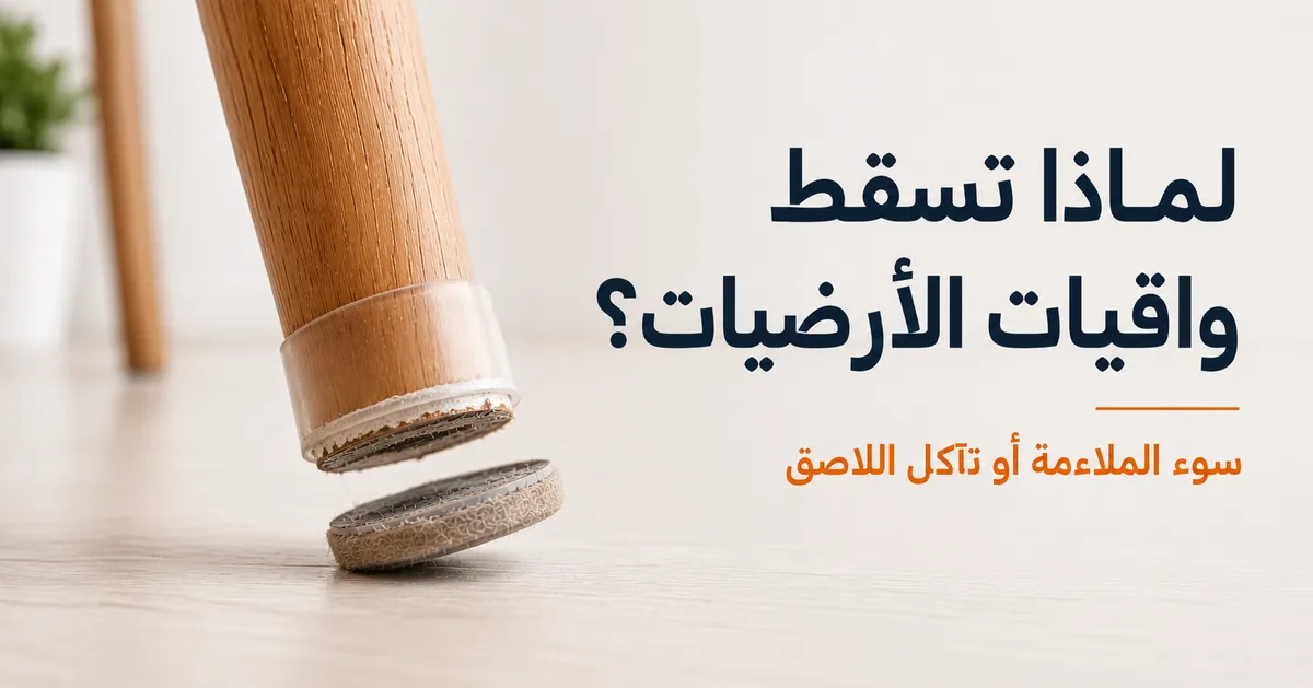 واقي أرضية مرتخٍ ينفصل عن رجل كرسي بسبب سوء الملاءمة أو تآكل المادة اللاصقة.