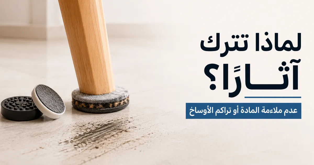 واقيات أرضيات للأثاث وآثار ظاهرة على الأرضية بسبب عدم ملاءمة المادة أو تراكم الأوساخ.