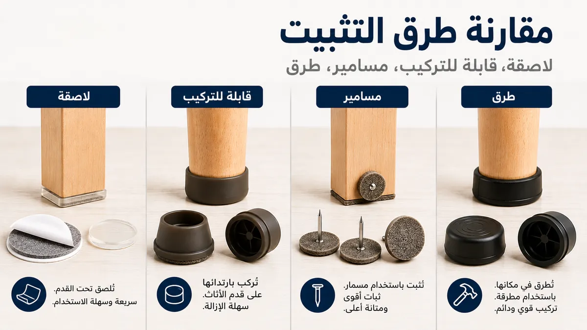 واقيات أرضيات للأثاث لاصقة وقابلة للتركيب ومثبتة بالمسامير والطرق معروضة حسب طريقة التثبيت.
