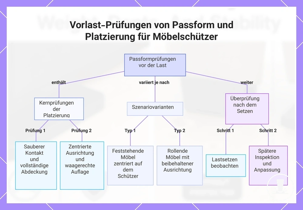 Vorlast-Prüfungen von Passform und Platzierung für Möbelschützer