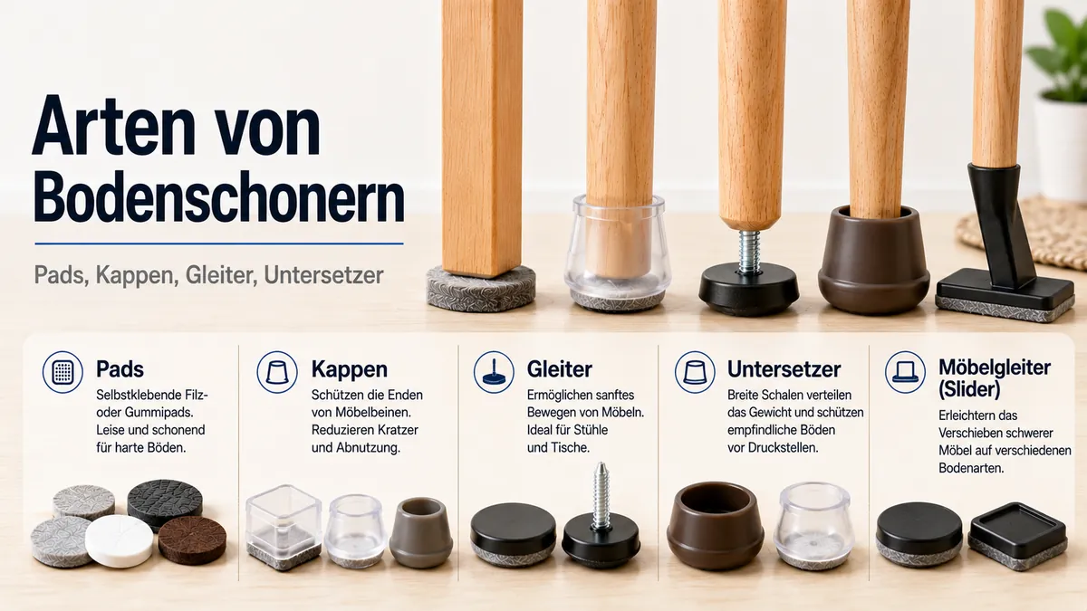 Verschiedene Arten von Bodenschonern für Möbel, darunter Pads, Kappen, Gleiter, Untersetzer und Möbelroller.