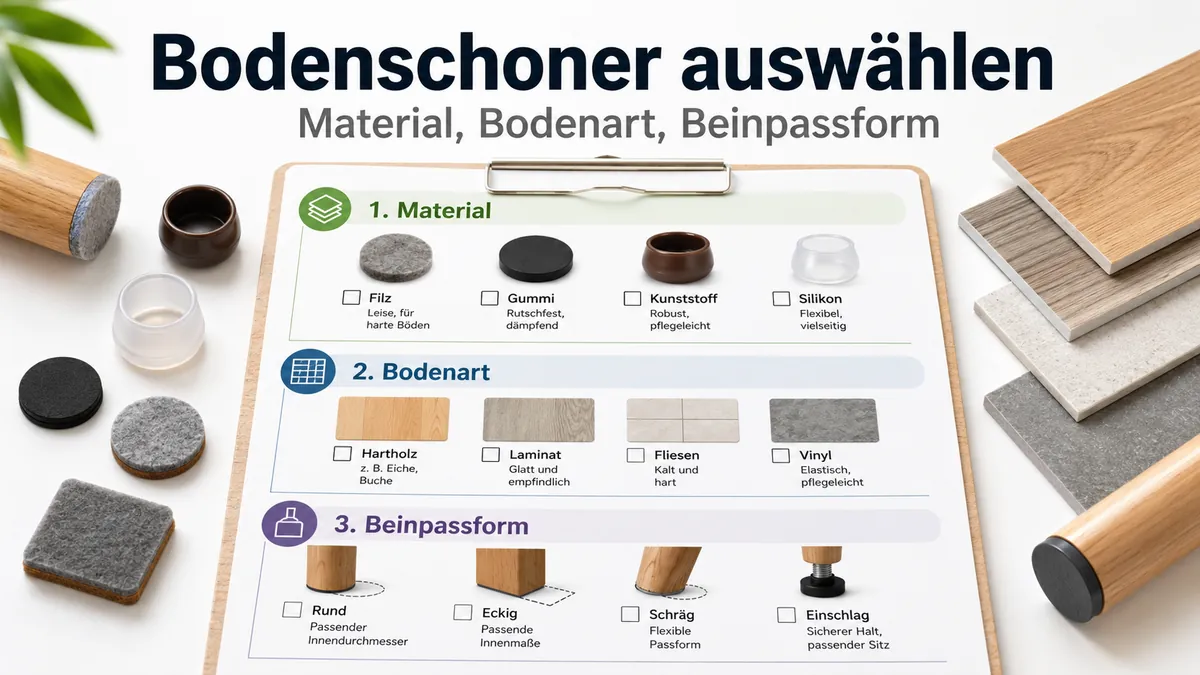 Checkliste zur Auswahl von Bodenschonern für Möbel nach Material, Bodenart und Beinpassform.