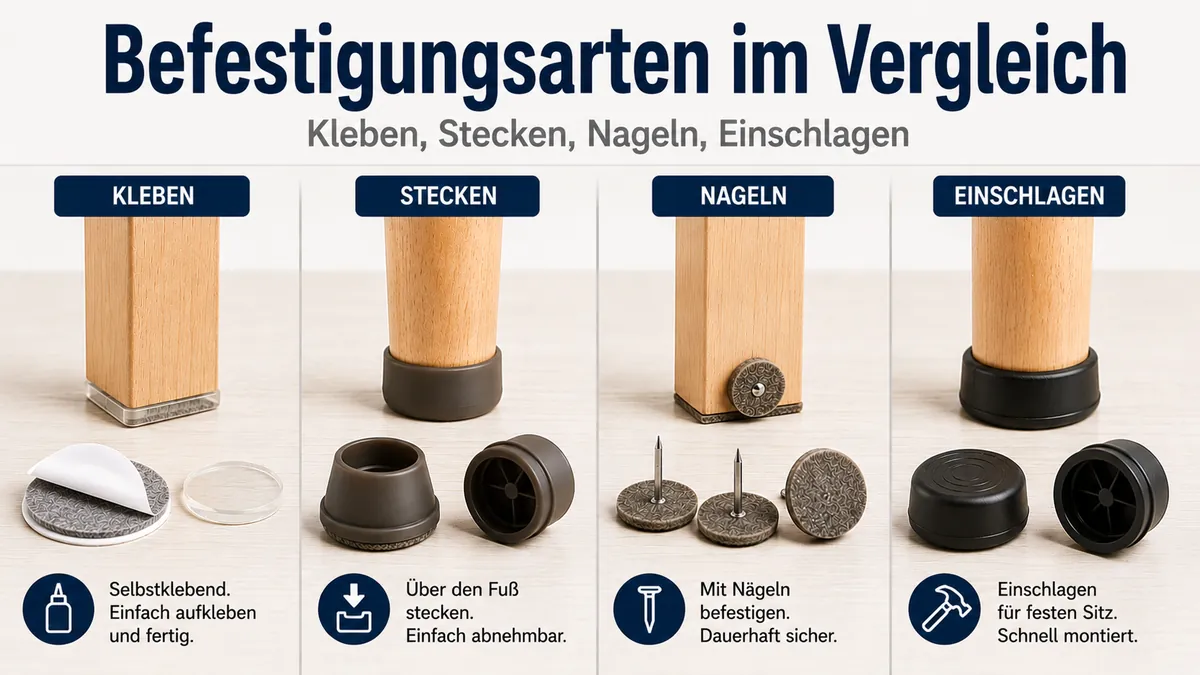Bodenschoner für Möbel mit Klebe-, Steck-, Nagel- und Einschlagbefestigung nach Befestigungsart dargestellt.