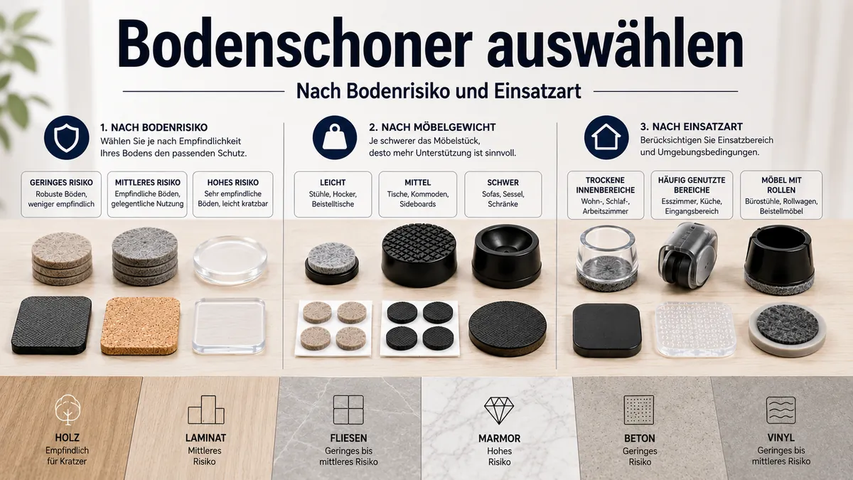 Bodenschoner für Möbel nach Bodenrisiko, Möbelgewicht und Einsatzart gruppiert.