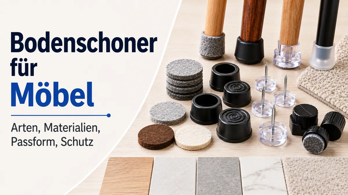 Verschiedene Bodenschoner für Möbel mit Pads, Kappen, Gleitern und bodenberührenden Materialien.