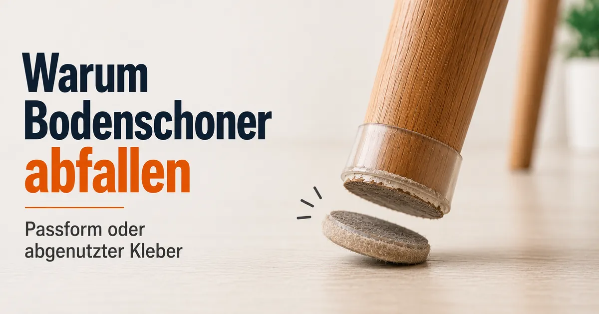 Lockerer Bodenschoner, der sich wegen schlechter Passform oder abgenutztem Kleber von einem Stuhlbein löst.