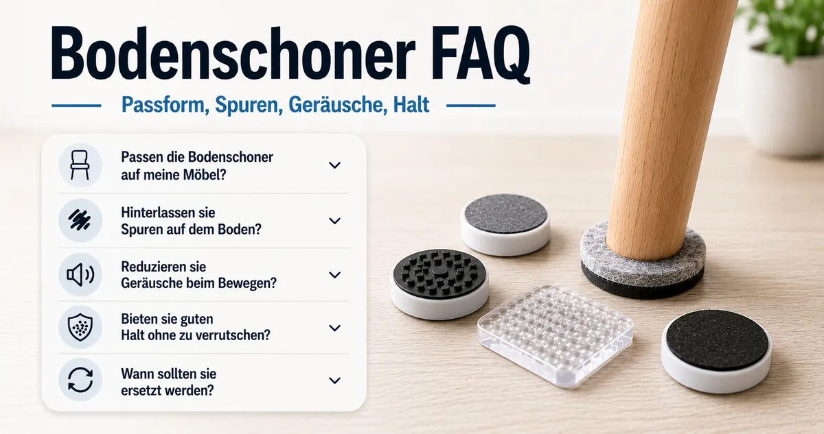 Fragen zu Bodenschonern für Möbel rund um Passform, Spuren, Geräusche, Halt und Austausch.
