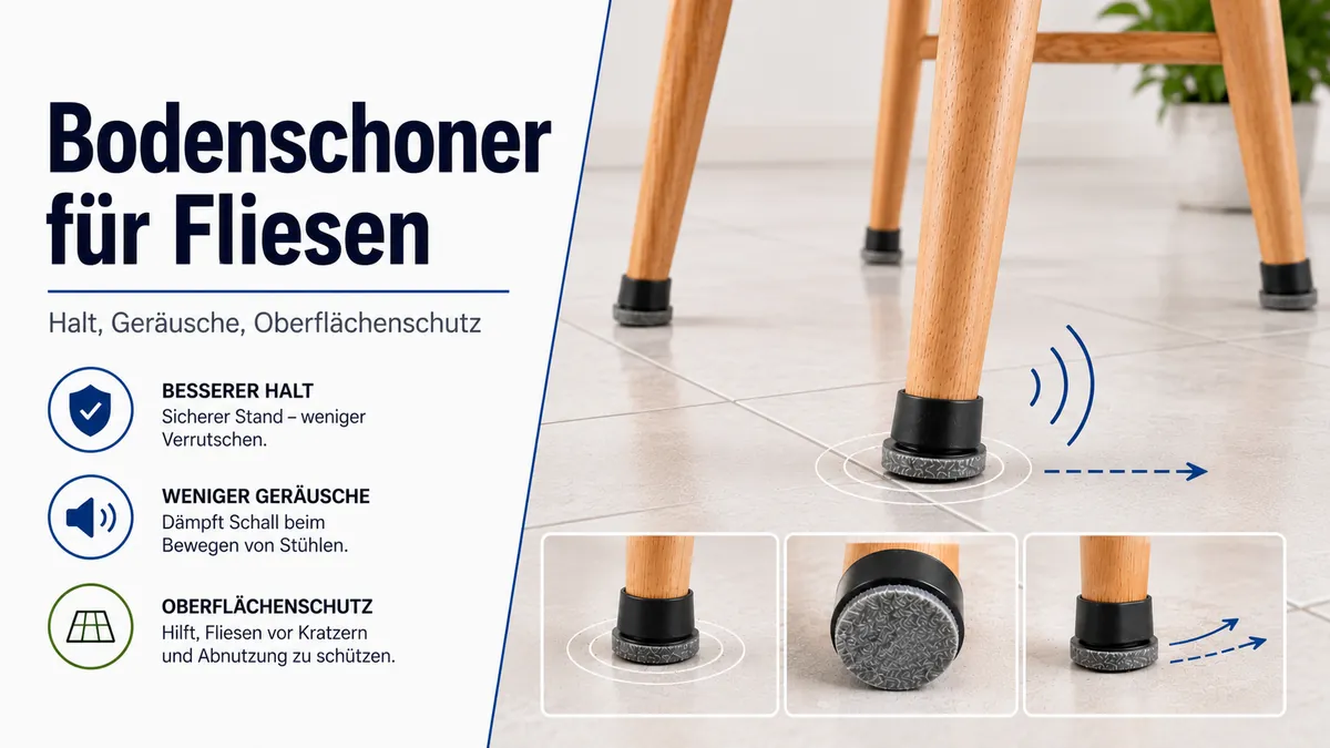 Bodenschoner unter Stuhlbeinen auf Fliesen mit Fokus auf Halt und Geräuschminderung.