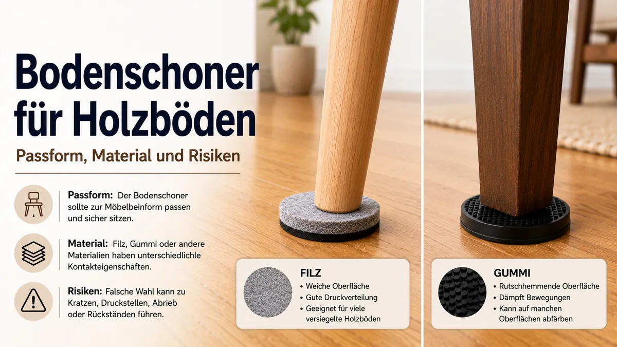 Bodenschoner für Möbel unter Möbelbeinen auf einer Holzoberfläche.