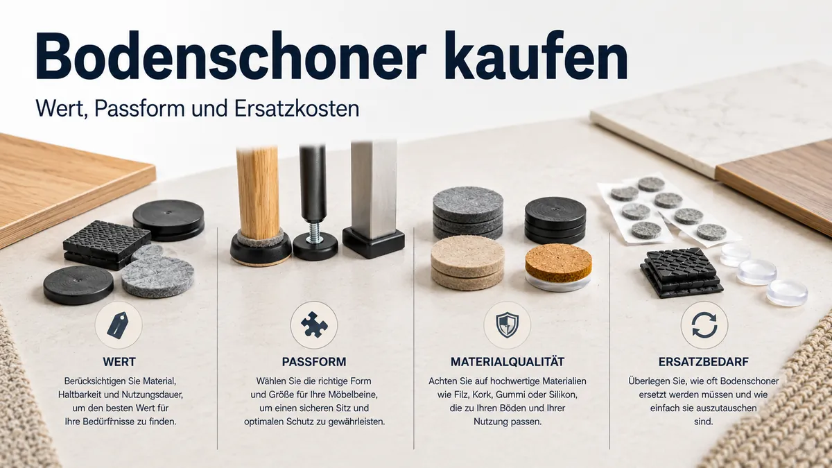 Bodenschoner für Möbel nach Wert, Passform, Materialqualität und Ersatzbedarf angeordnet.