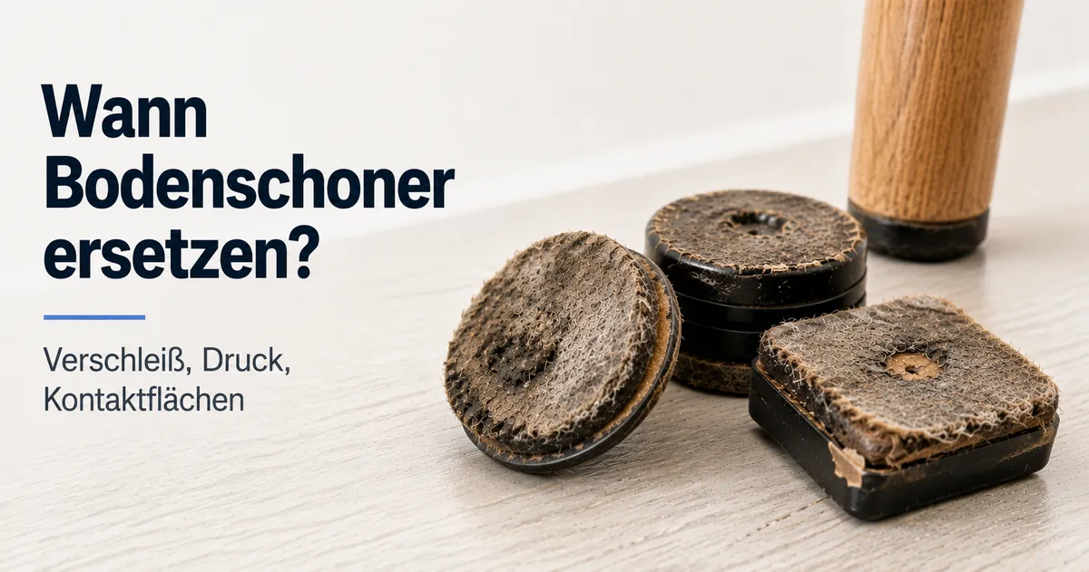 Abgenutzte Bodenschoner für Möbel mit zusammengedrücktem Filz und beschädigten Kontaktflächen vor dem Austausch.
