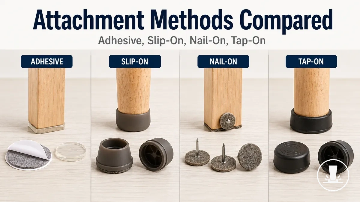 Adhesive, slip-on, nail-on, and tap-on furniture floor protectors displayed by attachment method.