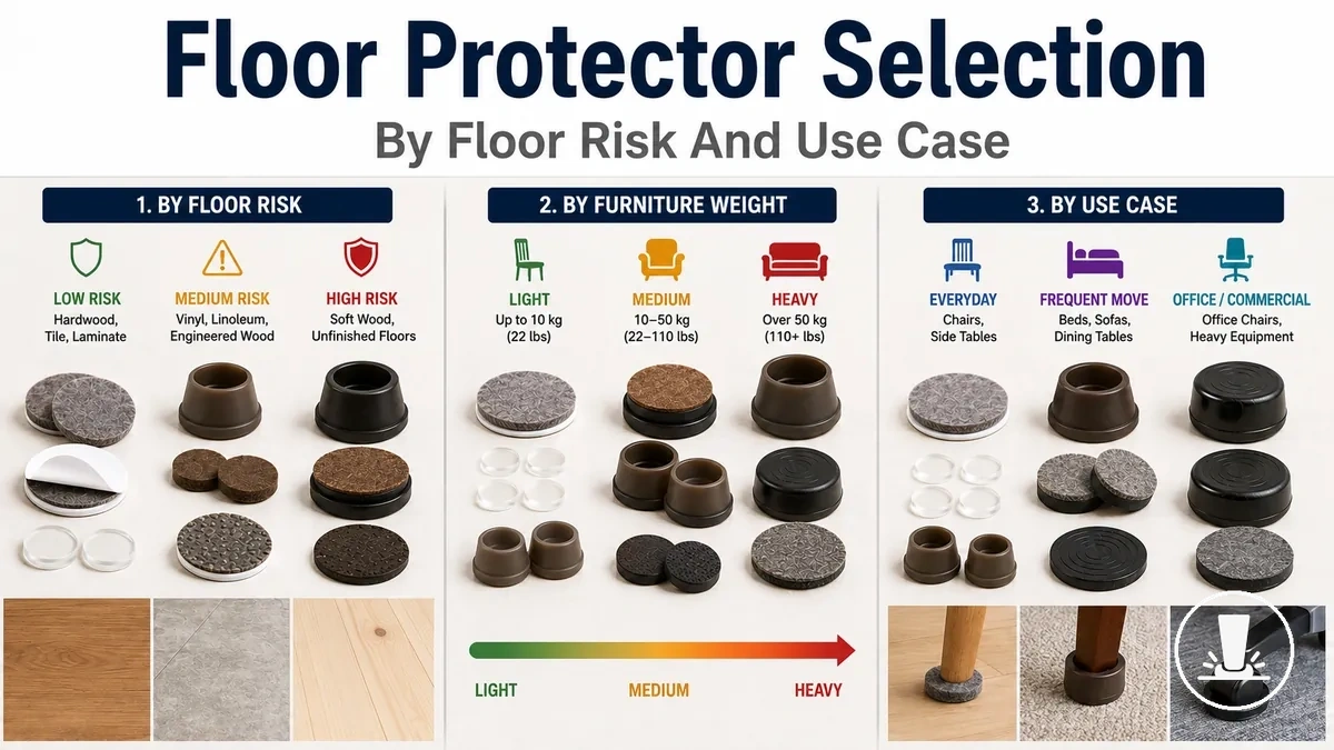 Furniture floor protector options grouped by floor risk, furniture weight, and use case.