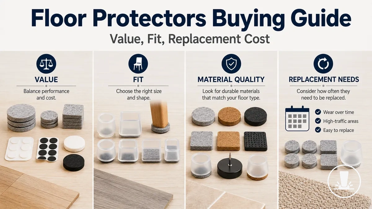 Furniture floor protectors arranged by value, fit, material quality, and replacement needs.