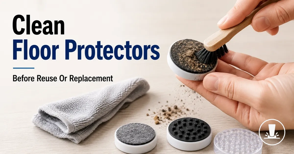 Cleaning dust and debris from furniture floor protectors before reuse or replacement.