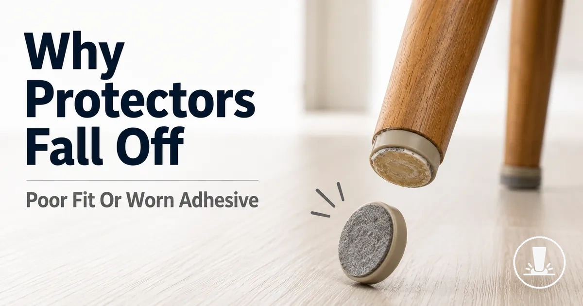 Loose furniture floor protector coming off a chair leg due to poor fit or worn adhesive.