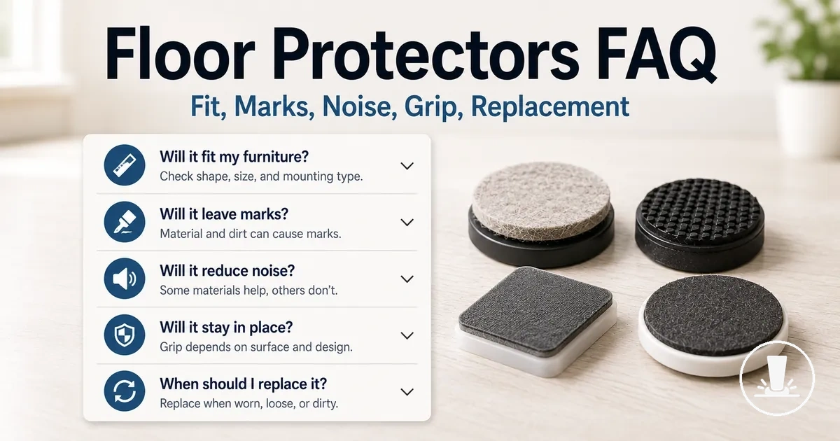 Furniture floor protector questions covering fit, marks, noise, grip, and replacement issues.