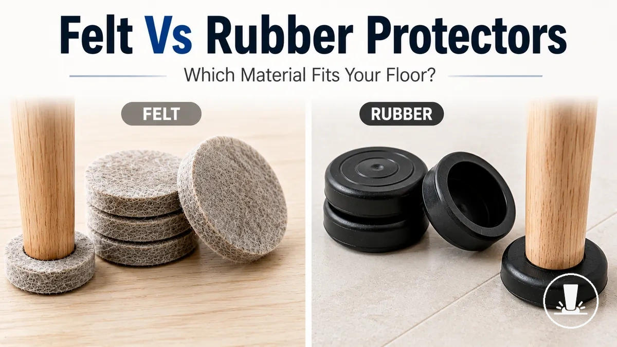Felt and rubber furniture floor protectors shown side by side for material comparison.