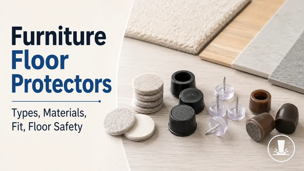 Assorted furniture floor protectors showing pads, caps, glides, and floor-contact materials.
