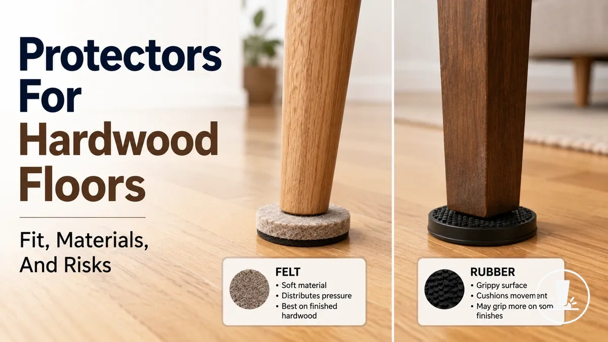 Furniture floor protectors fitted under furniture legs on a hardwood floor surface.