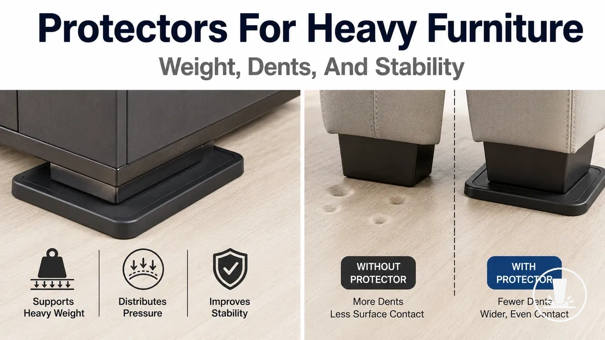 Heavy furniture floor protectors placed under wide furniture feet to reduce dents and improve stability.