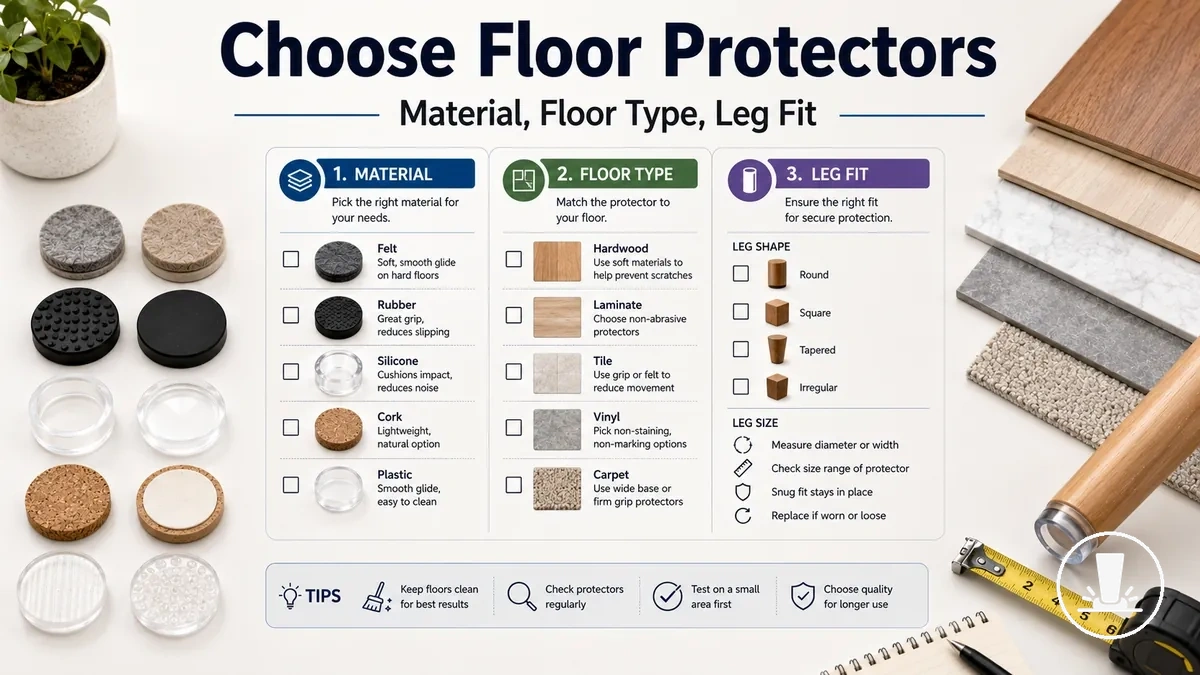 Selection checklist for choosing furniture floor protectors by material, floor type, and leg fit.