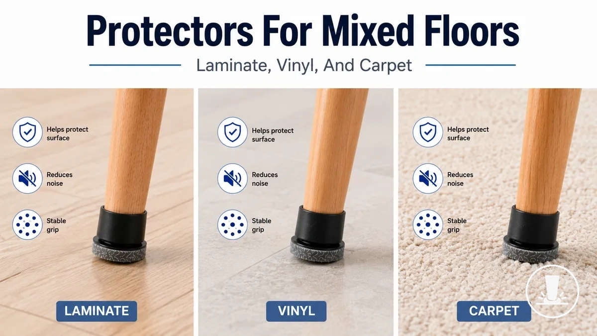 Furniture floor protectors shown for laminate, vinyl, and carpeted floor surfaces.