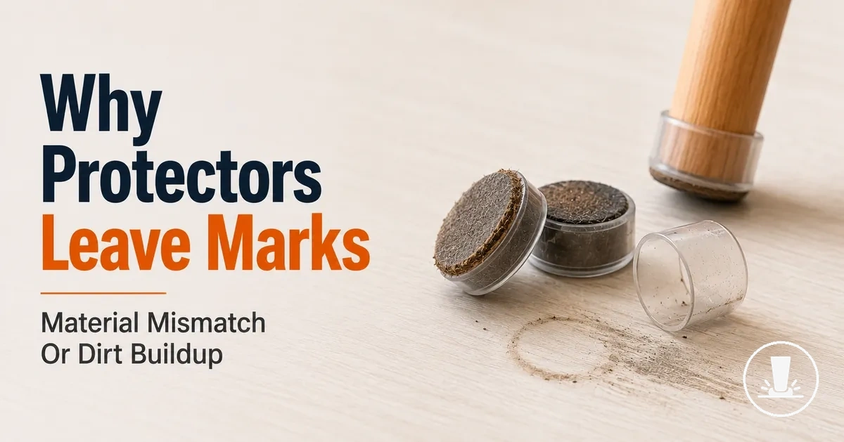 Furniture floor protectors and visible floor marks caused by material mismatch or dirt buildup.