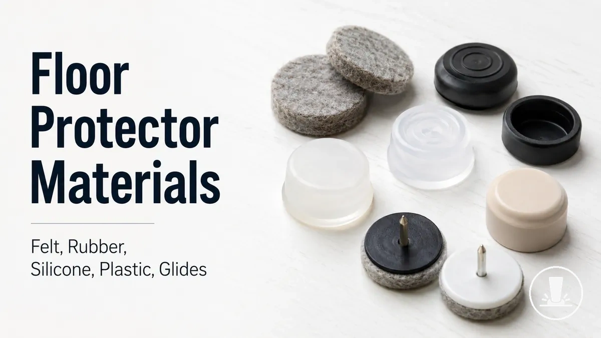 Close-up of felt, rubber, silicone, plastic, and glide-style furniture floor protectors.
