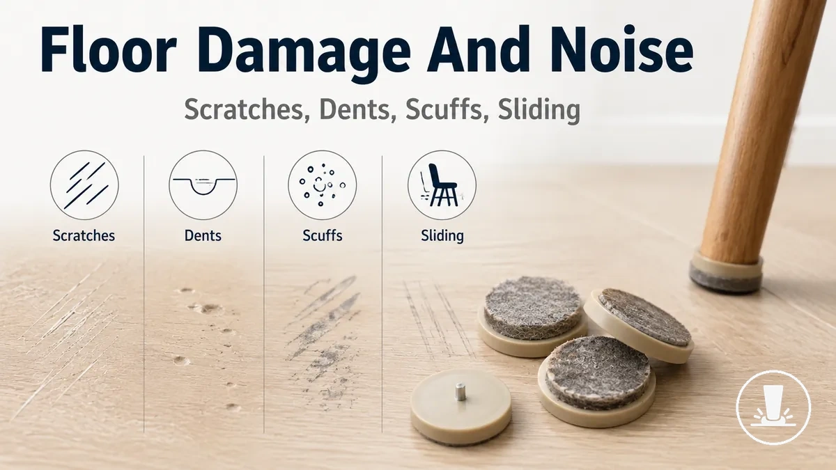 Furniture floor protectors used to reduce scratches, dents, scuffs, noise, and sliding on floors.