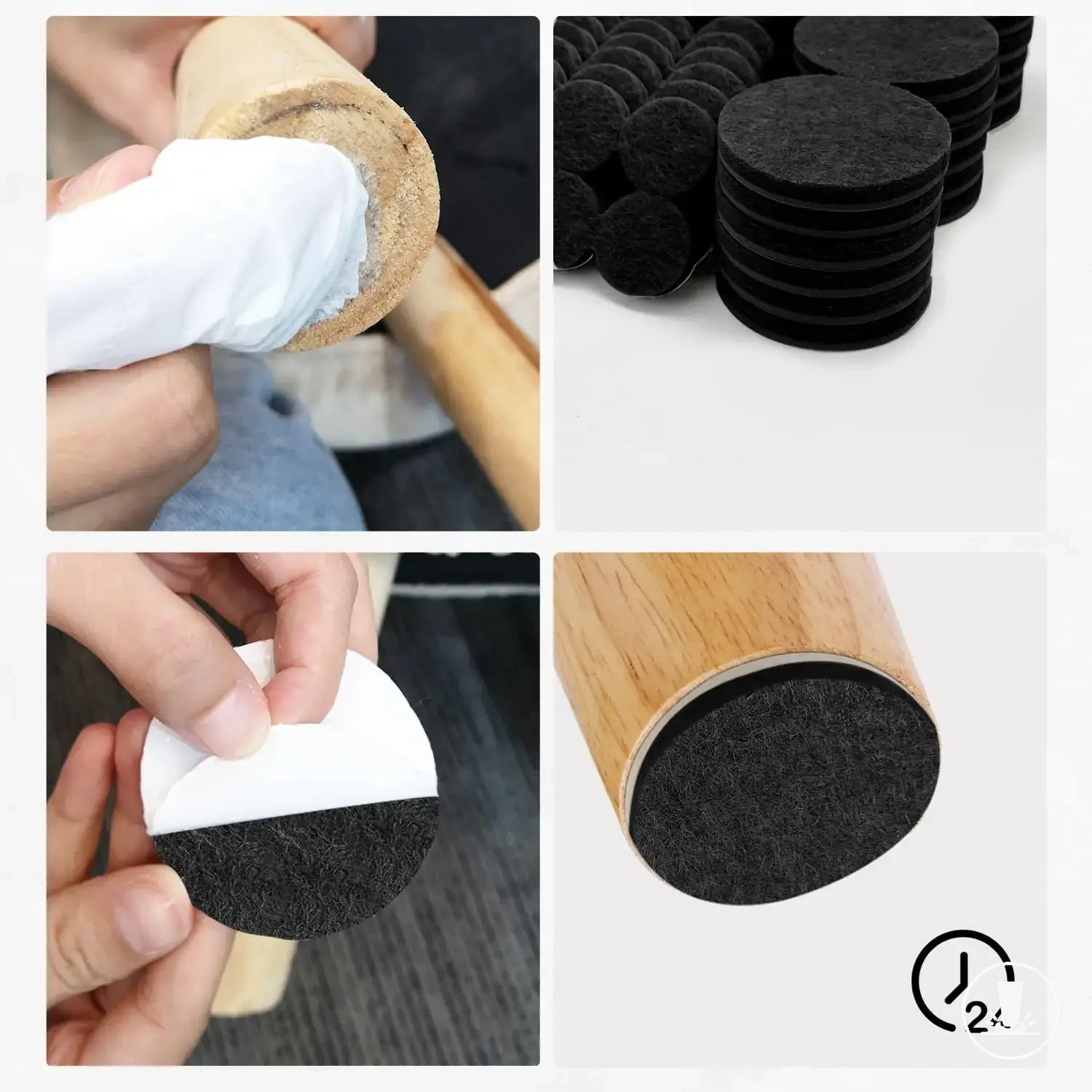 Black self adhesive felt pads for chair and furniture legs.