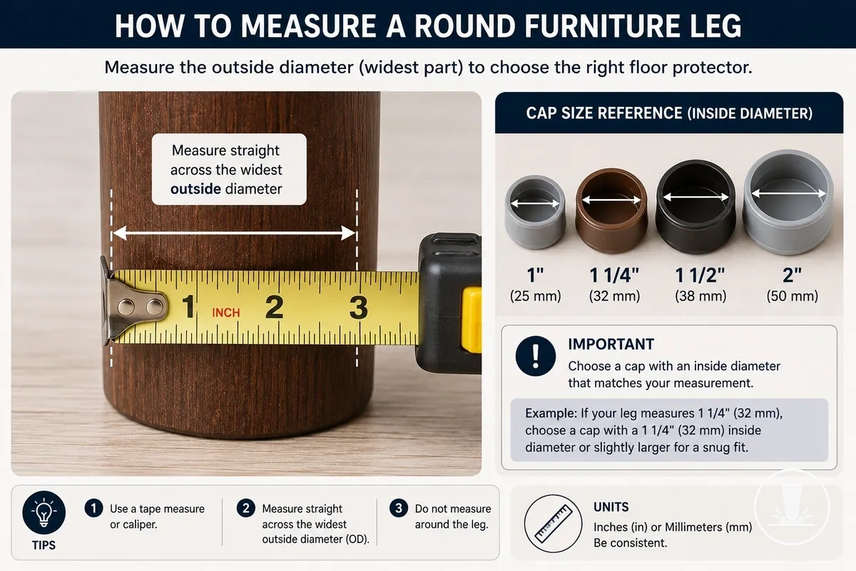 Measuring the outside diameter of a round furniture leg for a floor protector