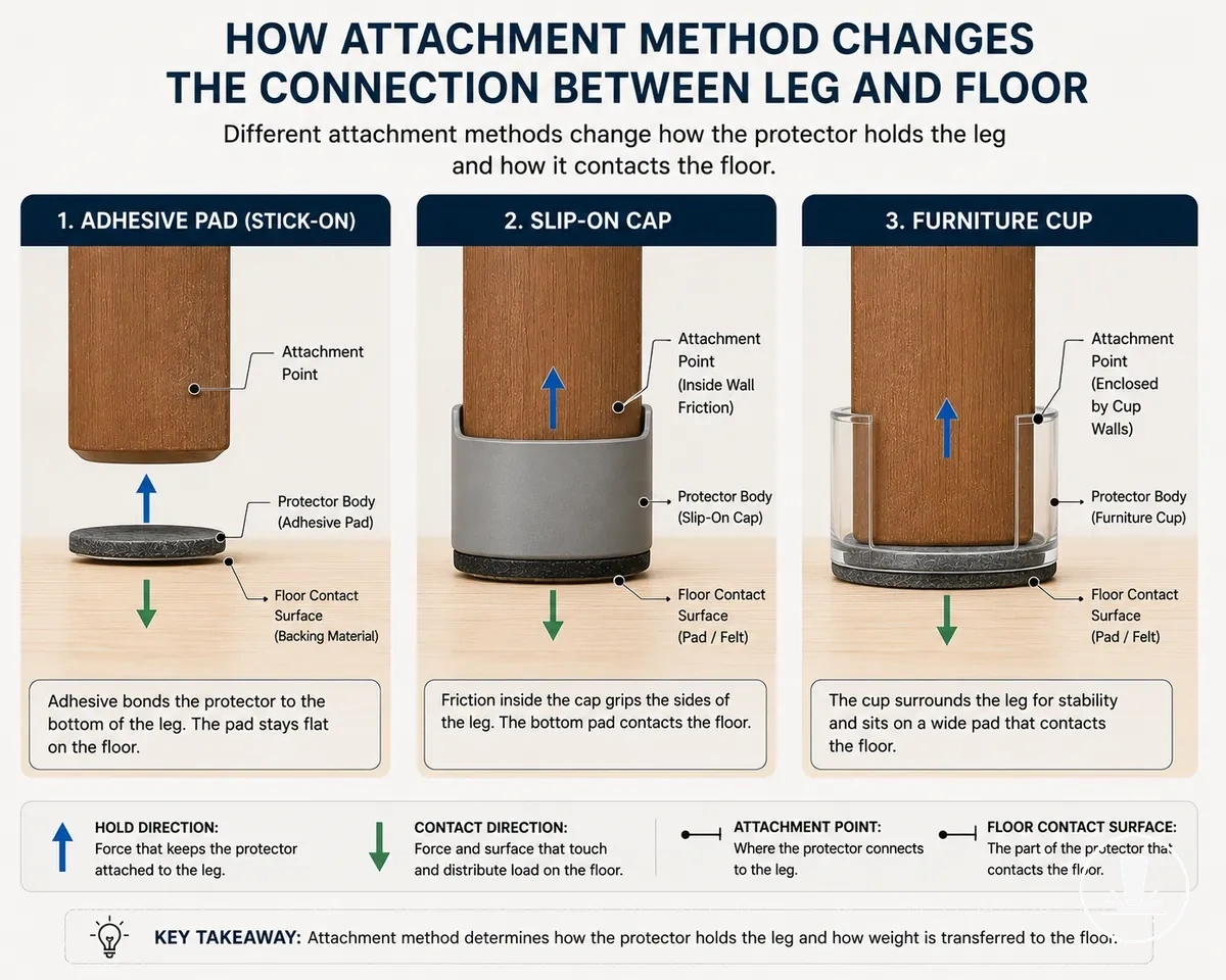 Diagram showing how furniture floor protector attachment method changes leg connection and floor contact