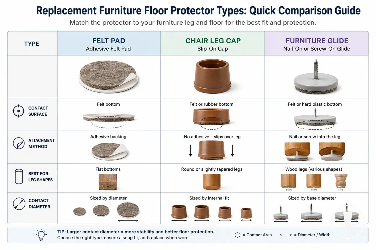Replacement felt pads, chair leg caps, and furniture glides shown by contact surface and fit type