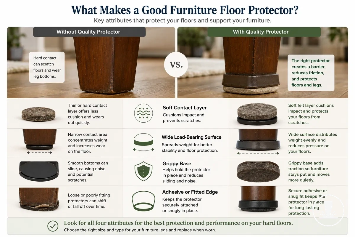 Comparison of furniture floor protector attributes including soft layer, wide base, grip, and fit.