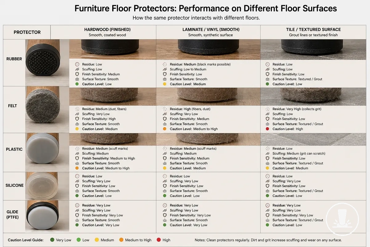 Furniture floor protector marks shown across different floor and finish conditions