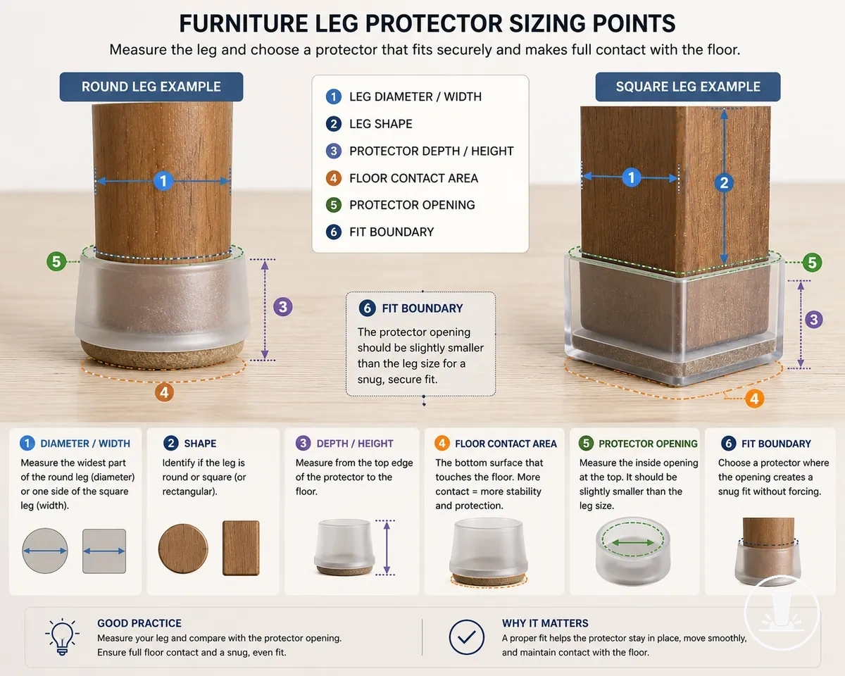 Annotated chair leg showing diameter, shape, and contact area for choosing furniture floor protectors