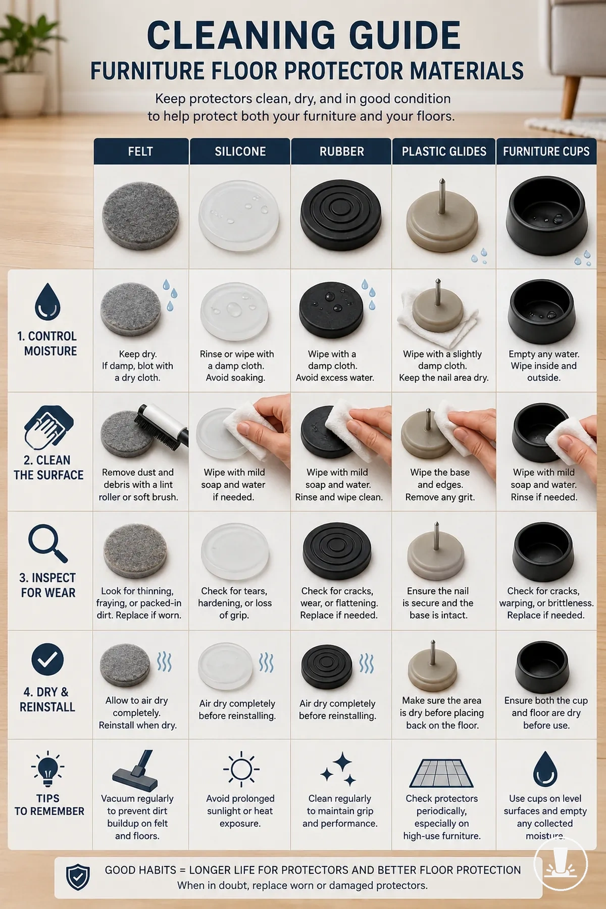 Cleaning approaches for different furniture floor protector materials