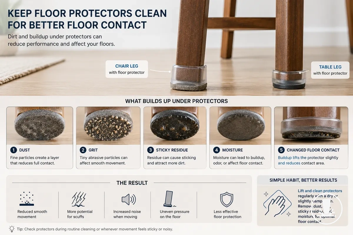 Visible signs that furniture floor protectors need cleaning