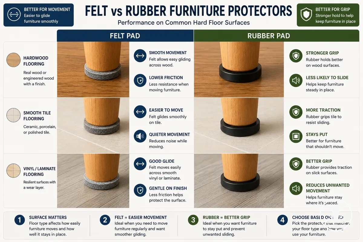 Felt and rubber furniture protectors compared on different hard floor surfaces.