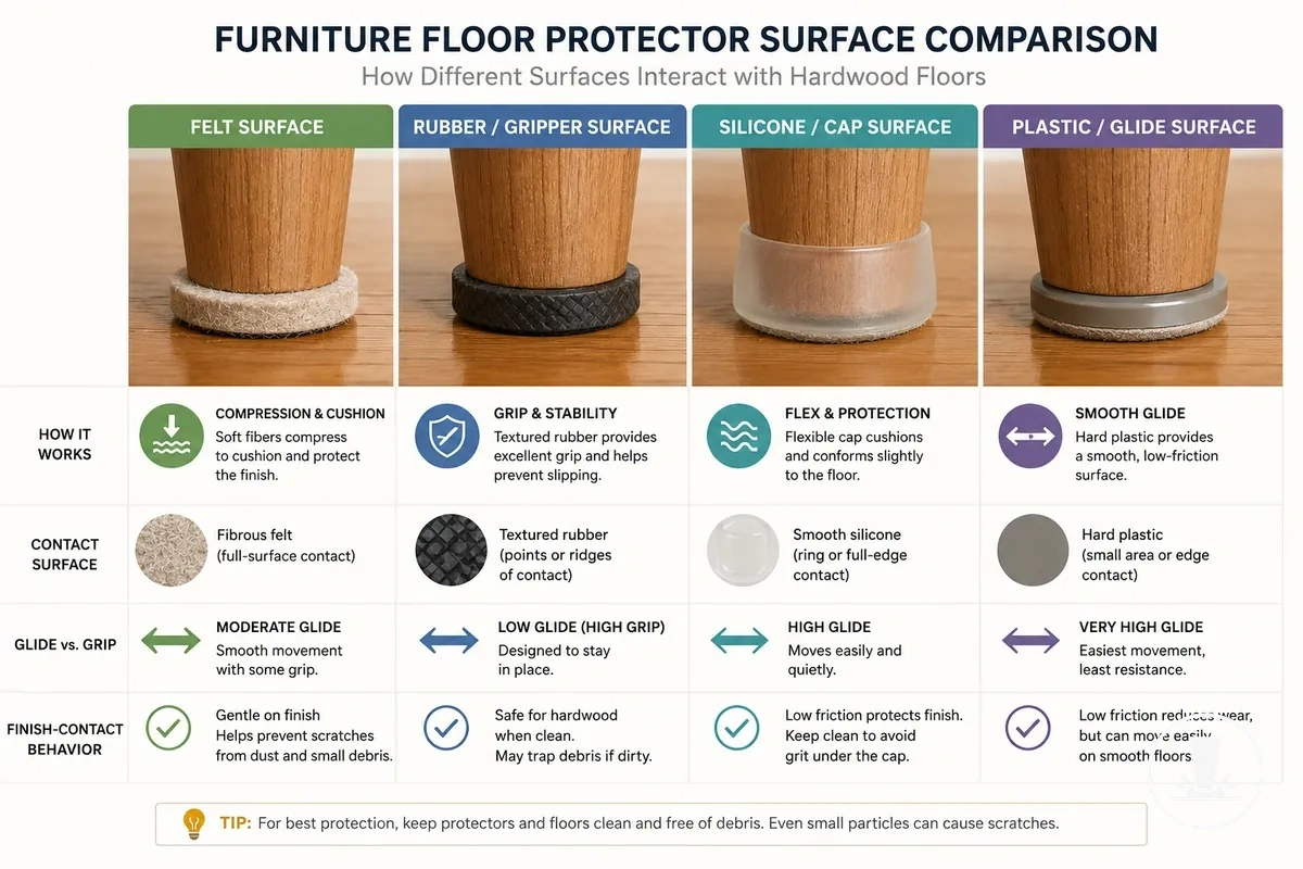 Felt, rubber, silicone, and plastic furniture floor protector materials shown for hardwood floor compatibility