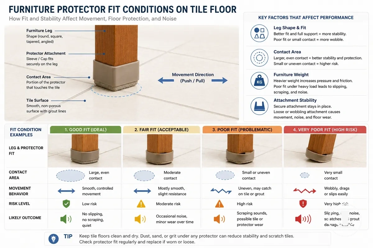 Compatibility factors affecting slipping scraping and noise on tile floors