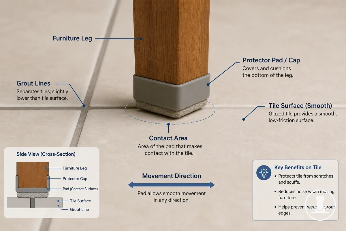 Tile floor surface showing furniture protector contact area and grout line compatibility factors